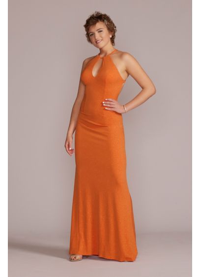 Glitter Knit Halter Sheath Gown with Keyhole - Gleaming with glitter, this knit gown turns the
