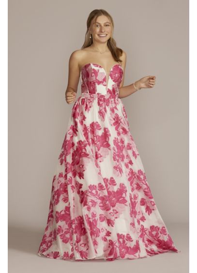 Floral Patterned Strapless Corset Ball Gown - Inspired by bold flowers, a blooming print pops