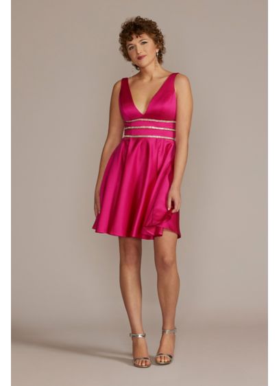 Embellished Waist Plunge Neck Mini A-Line Dress - This striking short A-line is party-perfection thanks to
