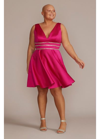Plus Size Embellished Waist Plunging Mini Dress - This striking short A-line is party-perfection thanks to
