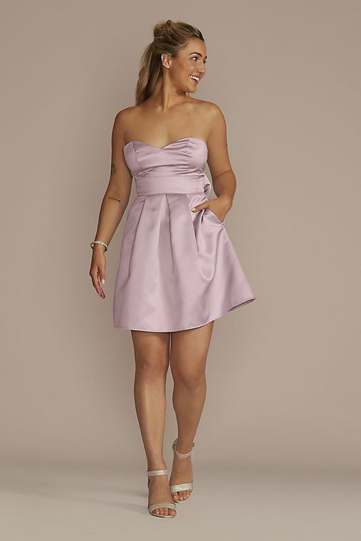 Jules and Cleo Short Strapless Satin A-line Dress with Bow