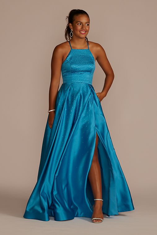Jules and Cleo Embellished High Neck Satin Ball Gown with Slit