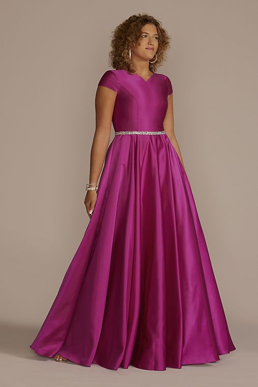 Jules and Cleo Cap Sleeve Satin Ball Gown with Embellished Waist