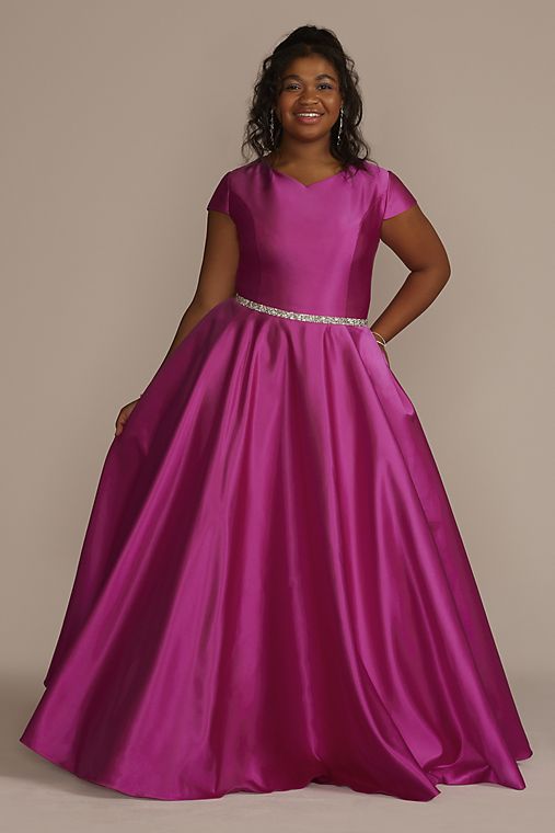 Jules and Cleo Cap Sleeve Satin Ball Gown with Embellished Waist