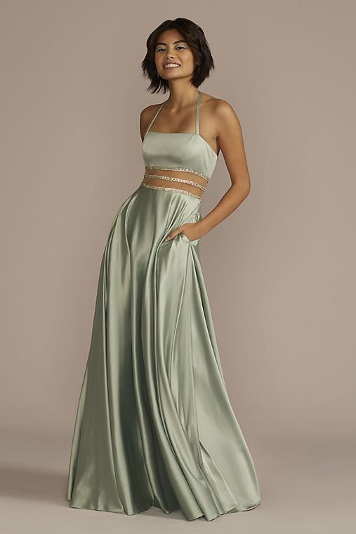 Jules and Cleo Charmeuse Halter A-line with Beaded Illusion Waist
