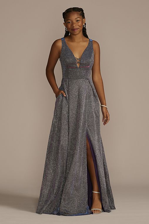 Jules and Cleo Crisscross Plunge Neck Iridescent Ball Gown