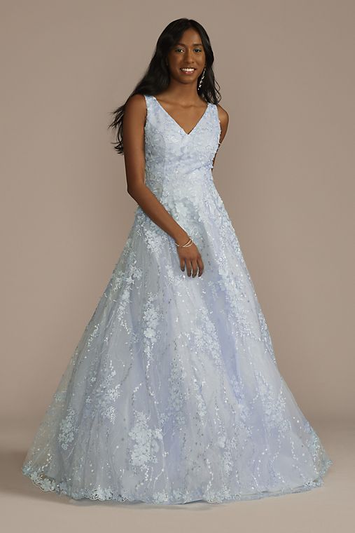 Jules and Cleo Long V-Neck 3D Floral Ball Gown