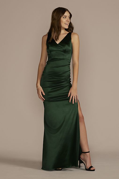 Jules and Cleo Long Stretch Satin Ruched V-Neck Sheath Dress