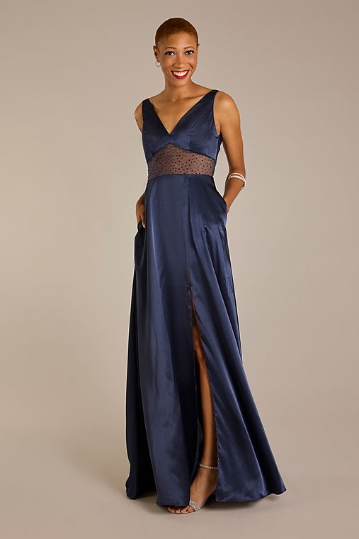Jules and Cleo V-Neck Charmeuse Long Dress with Illusion Waist