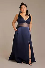 Jules and Cleo V-Neck Charmeuse Long Dress with Illusion Waist