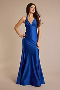 Jules and Cleo Stretch Satin Tie-Back Halter Mermaid Dress