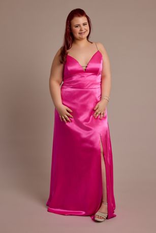 Jules and Cleo Charmeuse V-Neck Dress With Crystal Straps in Prom Bright Pink Size: 22 David's Bridal