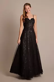 Sparkly Dark Blue Spaghetti Straps Tiered Lace Long Corset Prom Dress  VK23101308 – Vickidress