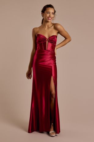 Picture of Strapless Plunge Sculpting Satin Sheath Dress