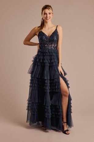 Picture of Plunging Neckline Ruffled Tulle Ball Gown