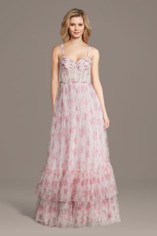 Picture of Floral Print Mesh Corset Ball Gown With Tiered Hem