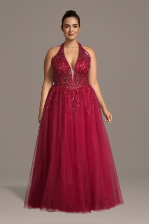 Picture of Illusion Plunge Halter Ball Gown with Appliques