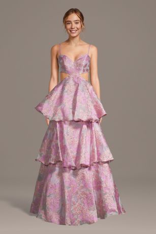 Picture of Tiered Floral Jacquard A-Line Dress with Cutouts