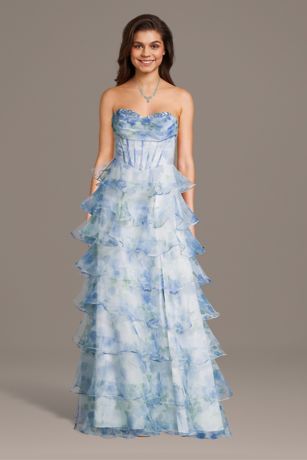 Picture of Strapless Floral Print Tiered Organza A-Line Dress