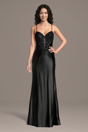 Picture of Sculpting Satin Sequin Plunge Sheath Dress
