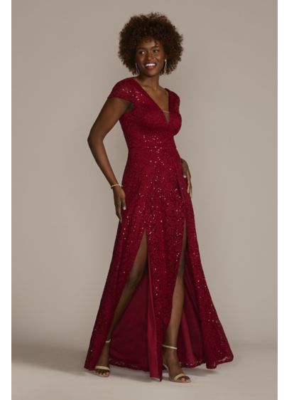 Double Slit Sequin Lace A-Line Dress - Sultry and glamorous, this sequin lace A-line shows