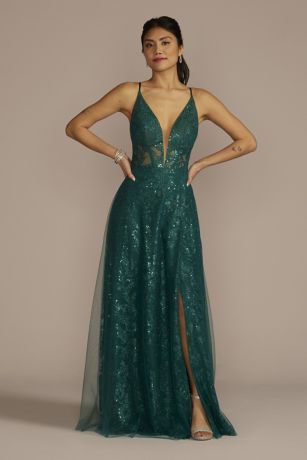 Galina Signature Patterned Sequin Illusion Bodice A-Line with Slit