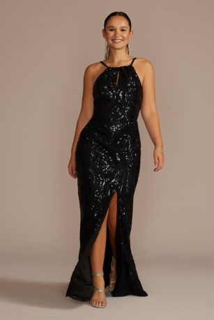 Picture of High Neck Keyhole Patterned Sequin Sheath