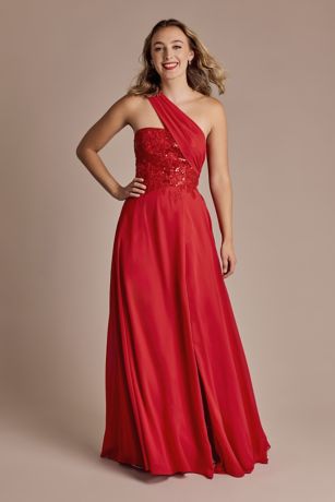 Picture of One-Shoulder Draped Chiffon Sequin Bodice Dress