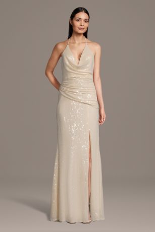 Picture of Cowl Neck Halter Draped Sequin Sheath Dress