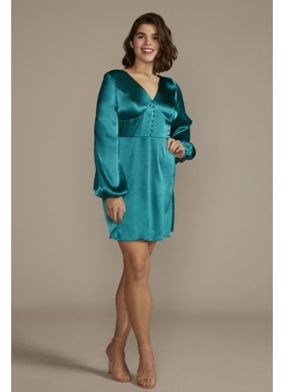 Plus Size Long Sleeve Charmeuse Mini A-Line Dress - Alluring details make this plus size mini dress