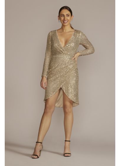 Long Sleeve Sequin Wrap Style Dress - Covered in shining sequins, there's no mistaking this