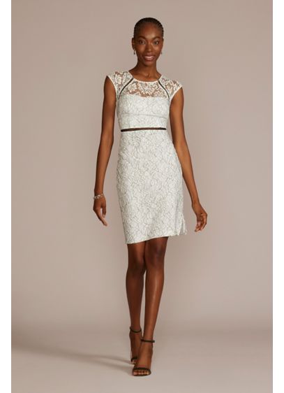 Knee Length Allover Lace Sheath with Illusion Neck - Sheer cap sleeves and an illusion neckline add