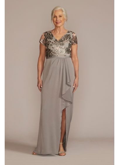 Embellished Satin Short Sleeve Gown with Ruffle - In addition to luxe shiny satin, enjoy another