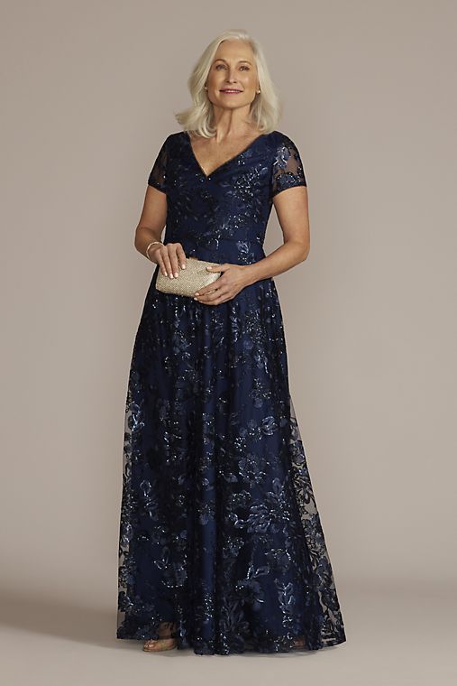 Oleg Cassini Floral Embroidered A-Line with Illusion Sleeves