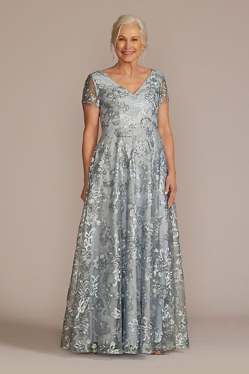 Oleg Cassini Floral Embroidered A-Line with Illusion Sleeves