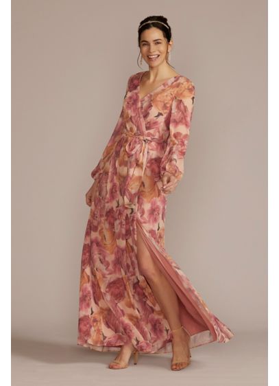 Long Sleeve Floral Chiffon Maxi Dress with Slit - Flowy chiffon leans into effortless elegance with a