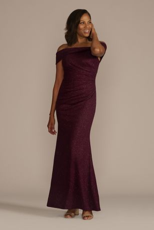 Picture of Off-the-Shoulder Draped Glitter Knit Sheath