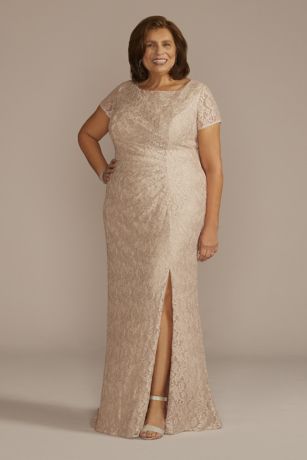 Picture of Scoop Neck Gathered Lace Sheath Dress with Slit