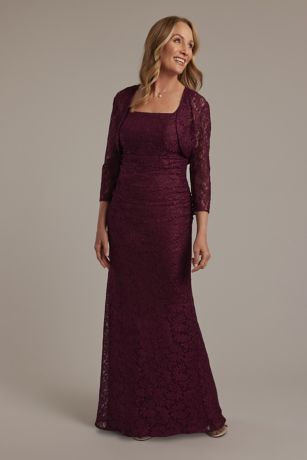 Oleg Cassini Ruched Glitter Lace Long Jacket Dress in Wine Size: 10 David's Bridal