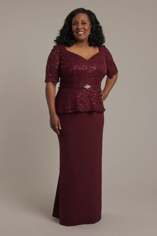 Oleg Cassini Glitter Lace Peplum Sheath Dress in Wine Size: 24W David's Bridal