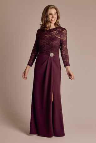 Oleg Cassini Long-Sleeve Lace and Crepe Soft A-Line Dress