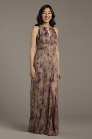 Picture of Metallic Print High Neck Sheath Dress with Keyhole