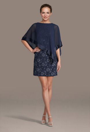 Picture of Short Lace Sheath Dress with Chiffon Capelet