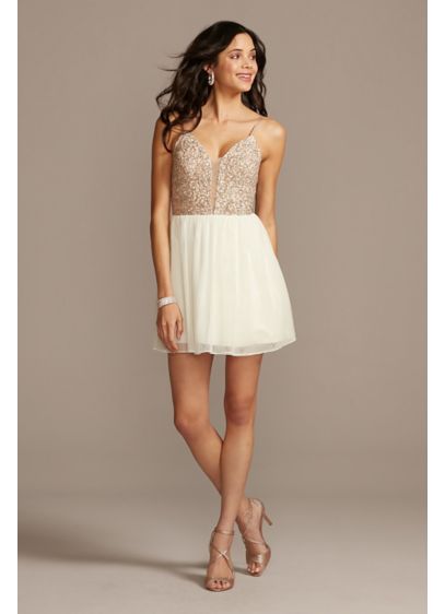 Short Lace and Mesh Colorblock Fit-and-Flare Dress | David's Bridal
