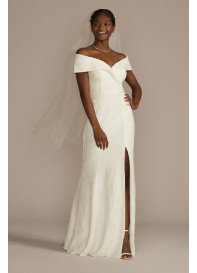 Cuffed Off the Shoulder  Lace Sheath Gown  with Slit David  Cuffed Off the Shoulder  Lace Sheath Gown  with Slit David