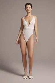 Galina Signature Plunging Lace Bodysuit with Crisscross Detail