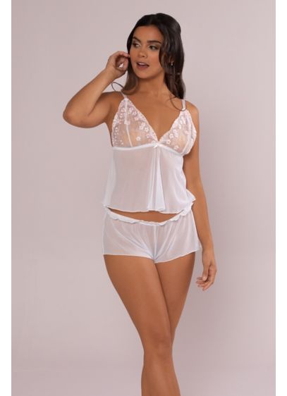 Mesh Baby Doll Cami and Shorts Set - Fluttery and flirty, this barely there mesh lingerie