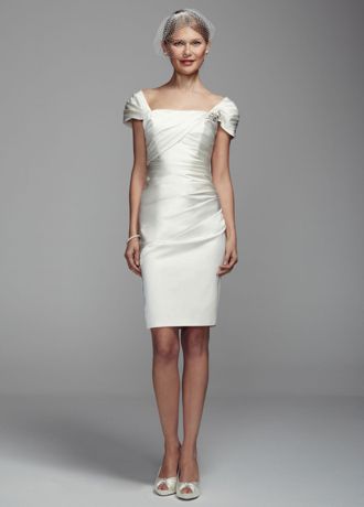 Short Cap Sleeve Satin Dress with Ruching Detail | David's Bridal