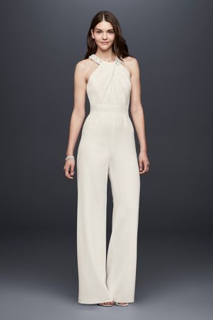 jumpsuits bridal bride jumpsuit suits dresses pant leg wide simple wps crepe neckline crystal ivory halter outfits david