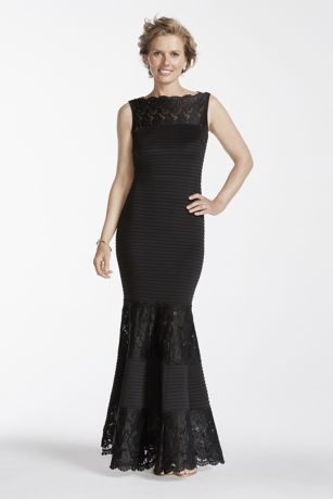 Emma Street Long Knit Trumpet Gown With Lace Neckline in Black Size: 8 David's Bridal
